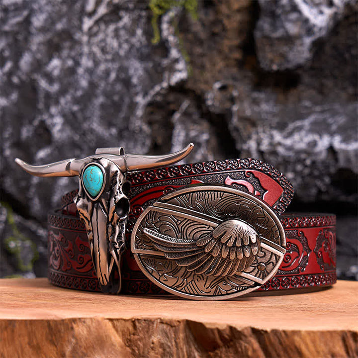 Angel Wing DIY Hidden Knife Belt Buckle Turquoise Longhorn Bull Pendant Bundle Set - Wing - Brown Carved Belt - 42 - image 7