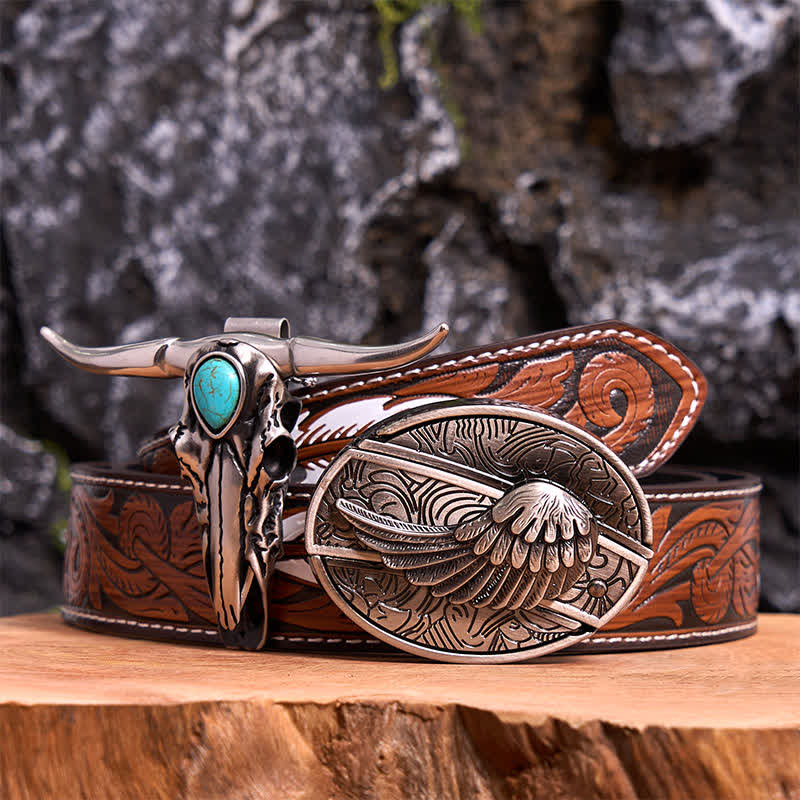Angel Wing DIY Hidden Knife Belt Buckle Turquoise Longhorn Bull Pendant Bundle Set - Wing - Brown Feather Belt - 40 - image 8