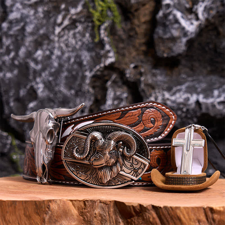 Goat DIY Hidden Knife Belt Buckle Longhorn Pendant Cross Necklace Bundle Set - Goat - Brown Feather Belt - 40 - image 8