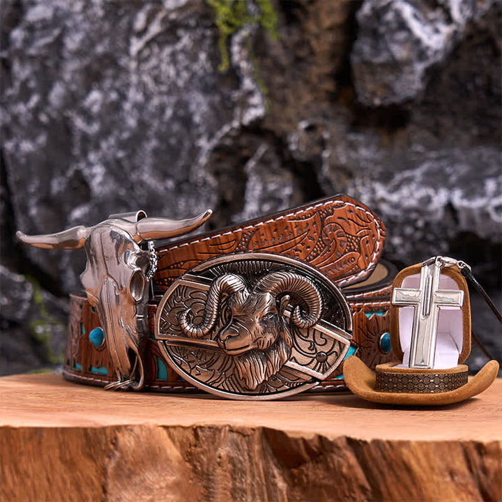 Goat DIY Hidden Knife Belt Buckle Longhorn Pendant Cross Necklace Bundle Set - Goat - Turquoise Carved Belt - 42 - image 4