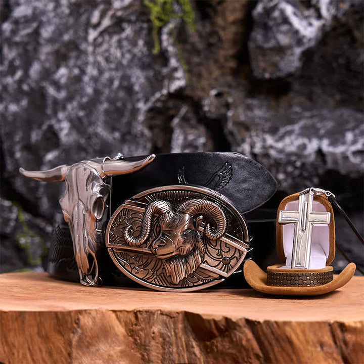 Goat DIY Hidden Knife Belt Buckle Longhorn Pendant Cross Necklace Bundle Set - Goat - Black Embossed Eagle Belt - 42 - image 0