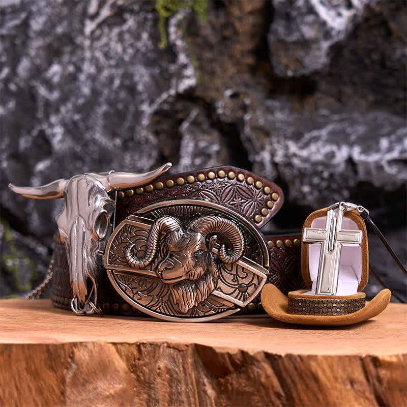 Goat DIY Hidden Knife Belt Buckle Longhorn Pendant Cross Necklace Bundle Set - Goat - Brown Rivet Belt - 42 - image 5