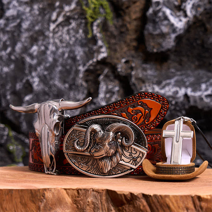 Goat DIY Hidden Knife Belt Buckle Longhorn Pendant Cross Necklace Bundle Set - Goat - Orange Carved Belt - 42 - image 7