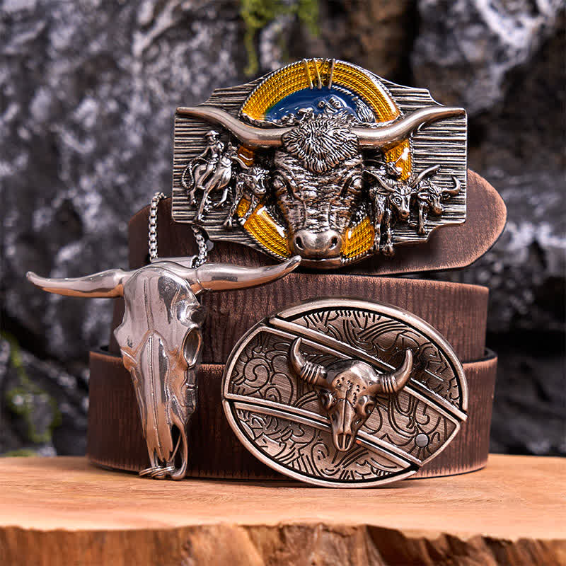 Longhorn Bull Theme DIY Hidden Knife Belt Buckle Pendant Bundle Set - Longhorn Bull - Brown Distressed Belt - 42 - image 6