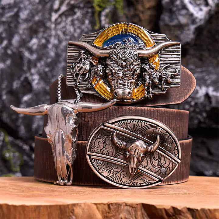 Longhorn Bull Theme DIY Hidden Knife Belt Buckle Pendant Bundle Set - Longhorn Bull - Brown Distressed Belt - 42 - image 6
