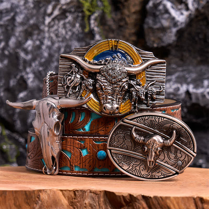 Longhorn Bull Theme DIY Hidden Knife Belt Buckle Pendant Bundle Set - Longhorn Bull - Turquoise Carved Belt - 42 - image 0