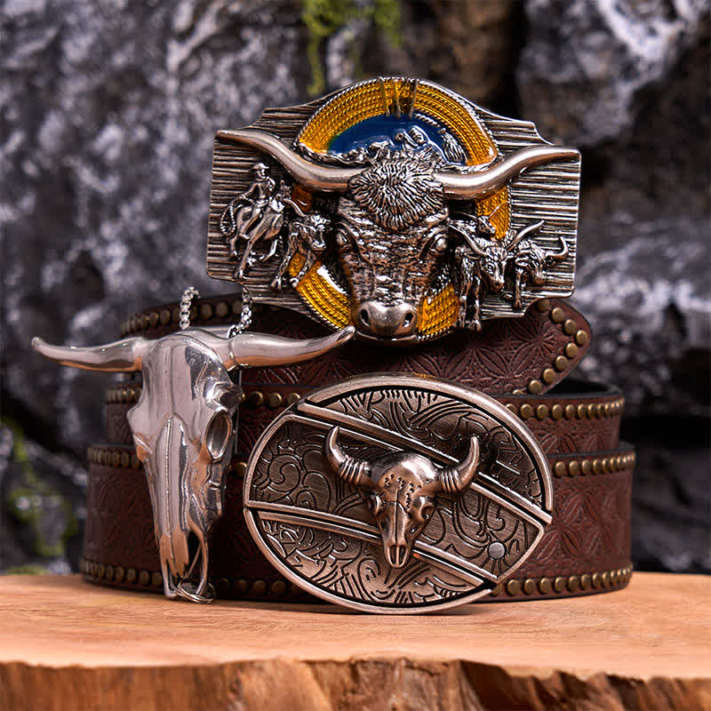 Longhorn Bull Theme DIY Hidden Knife Belt Buckle Pendant Bundle Set - Longhorn Bull - Brown Rivet Belt - 42 - image 5