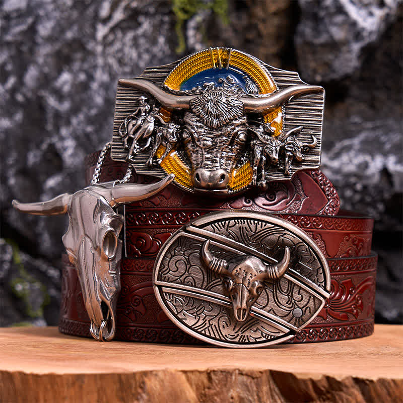 Longhorn Bull Theme DIY Hidden Knife Belt Buckle Pendant Bundle Set - Longhorn Bull - Brown Carved Belt - 42 - image 7