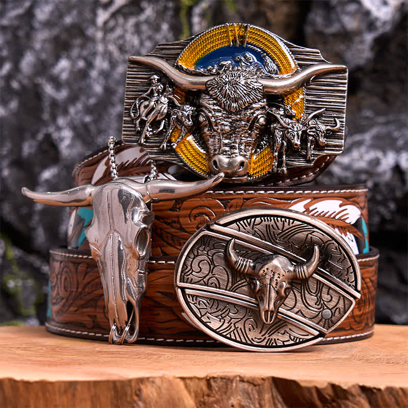 Longhorn Bull Theme DIY Hidden Knife Belt Buckle Pendant Bundle Set - Longhorn Bull - Brown Feather Belt - 40 - image 8