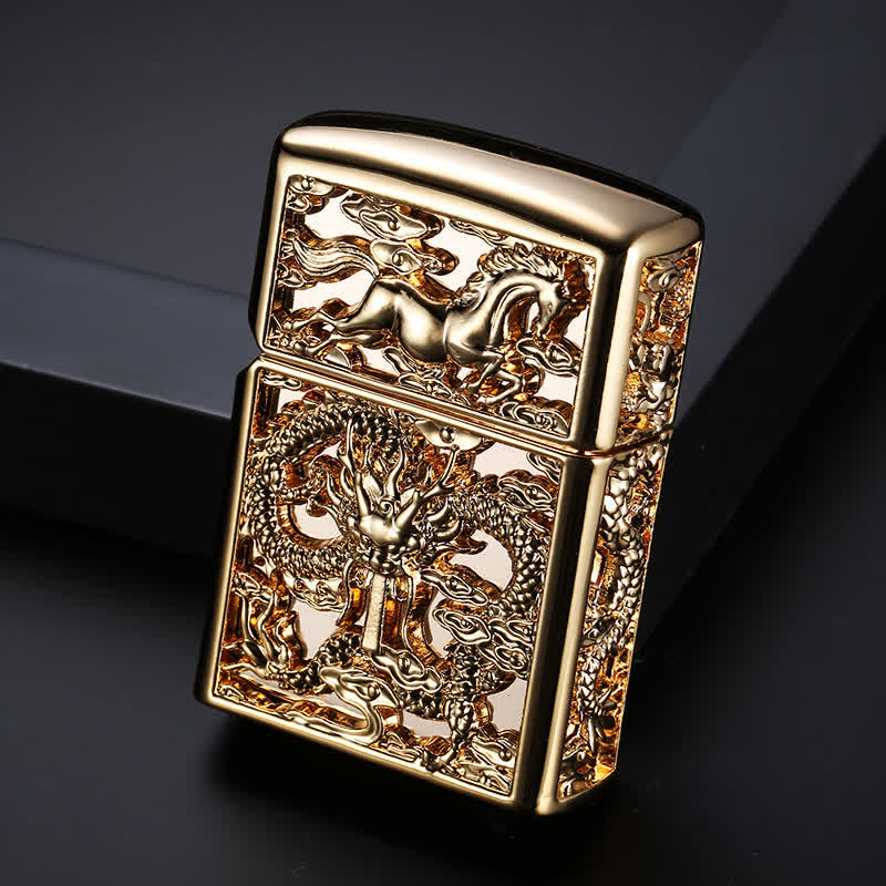 Embossed 3D Carving Dragon Refillable Kerosene Lighter - Antique Gold - image 9