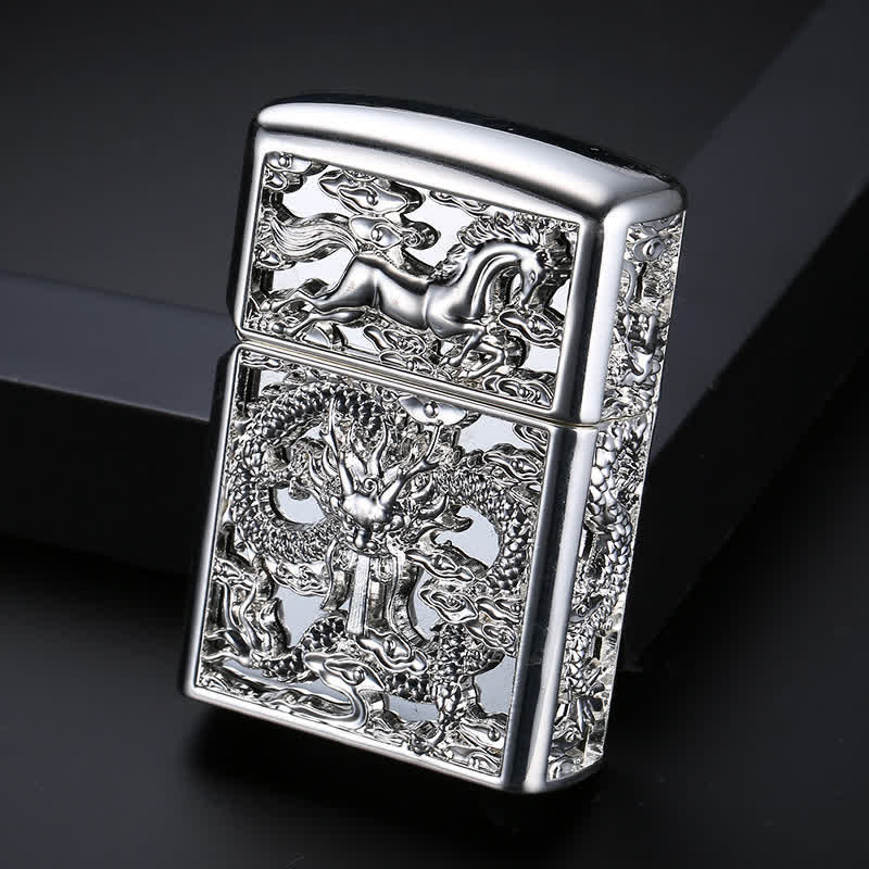 Embossed 3D Carving Dragon Refillable Kerosene Lighter - Antique Silver - image 8