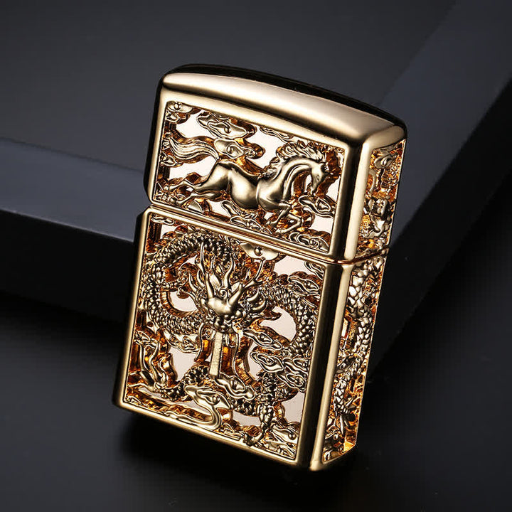 Embossed 3D Carving Dragon Refillable Kerosene Lighter - Antique Gold - image 0