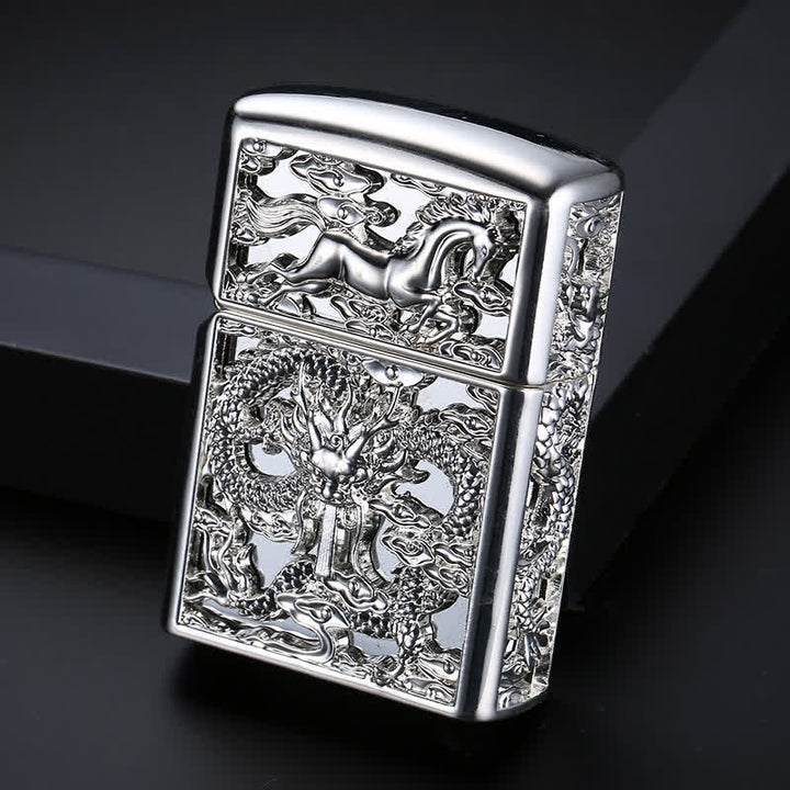 Embossed 3D Carving Dragon Refillable Kerosene Lighter - Antique Silver - image 2