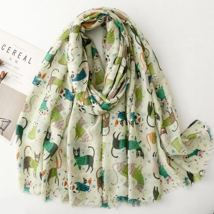 Women's Cat Kitten Printed Lightweight Thin Scarf - Green - image 9
