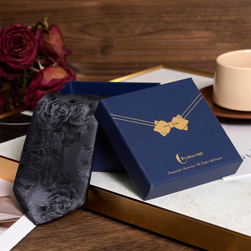 Men's Black Peony Classic Flower Business Necktie Pocket Square