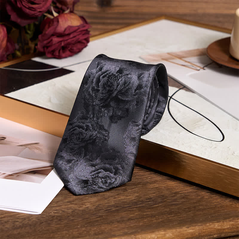 Men's Black Peony Classic Flower Business Necktie Pocket Square