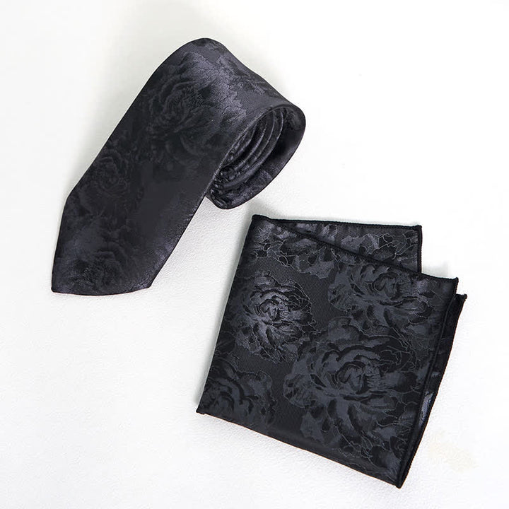 Men's Black Peony Classic Flower Business Necktie Pocket Square