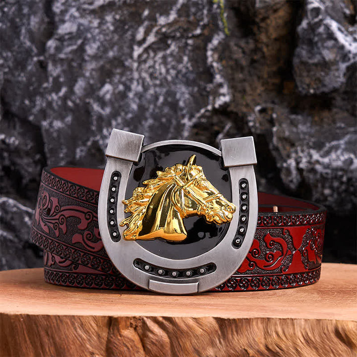 Gold & Black DIY Horseshoe Shape Buckle Leather Belt