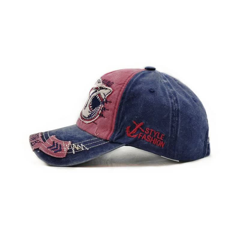 Shark Embroidered Retro Frayed Edge Washed Baseball Cap - image 1