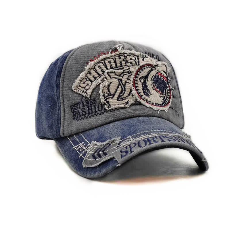 Shark Embroidered Retro Frayed Edge Washed Baseball Cap - image 8