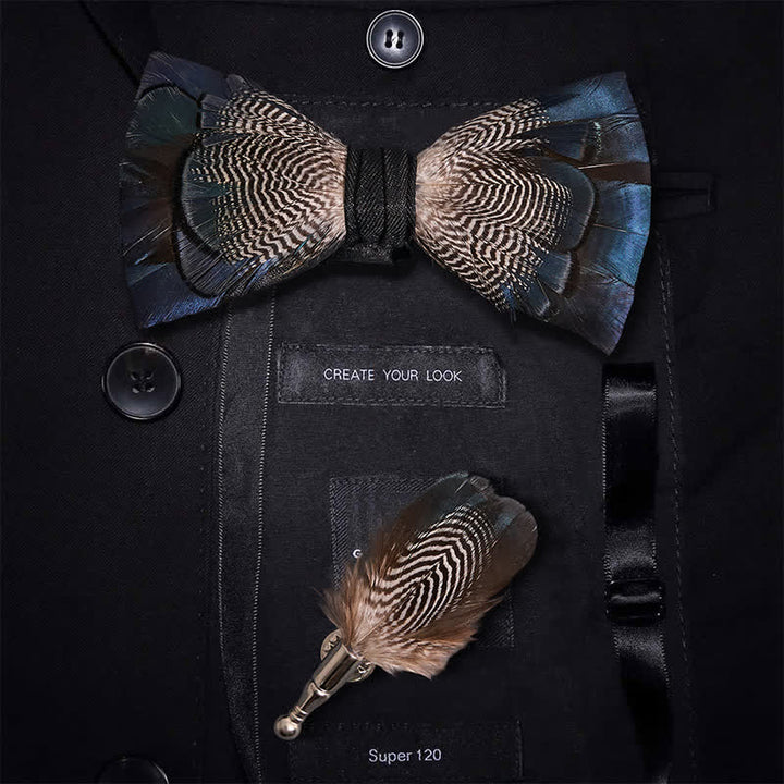 Blue & White Mallard Duck Feather Bow Tie with Lapel Pin