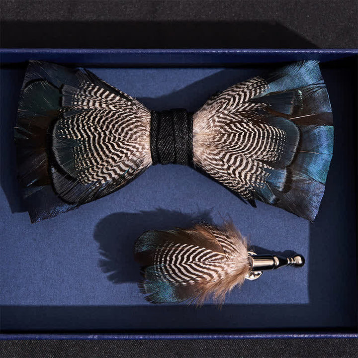 Blue & White Mallard Duck Feather Bow Tie with Lapel Pin