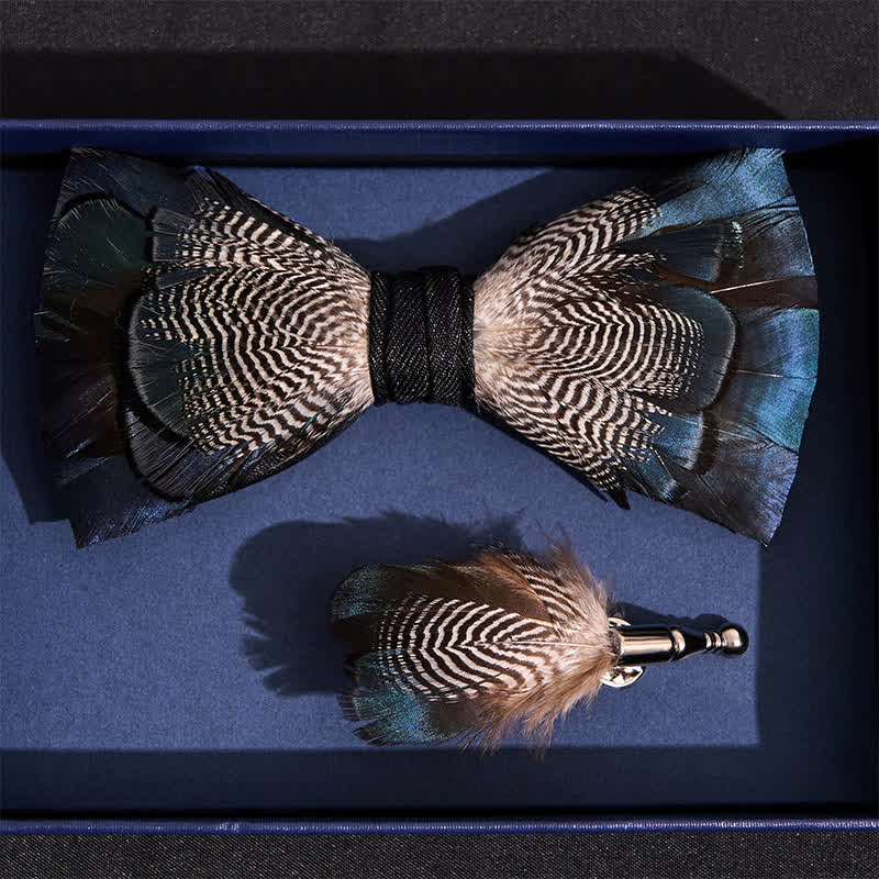 Blue & White Mallard Duck Feather Bow Tie with Lapel Pin - image 3