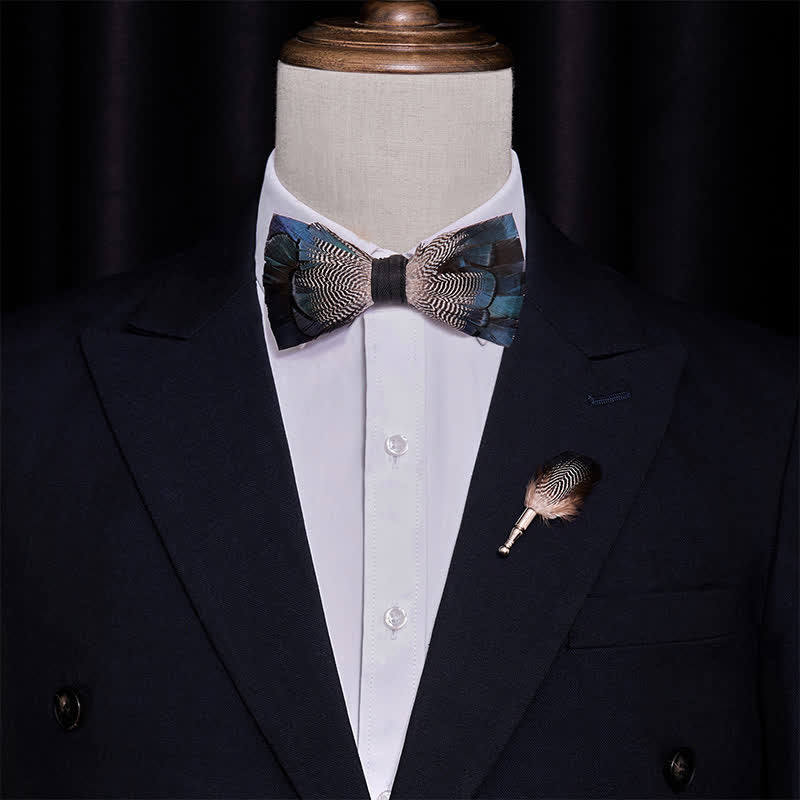 Kid's Blue & White Mallard Duck Feather Bow Tie with Lapel Pin - image 1