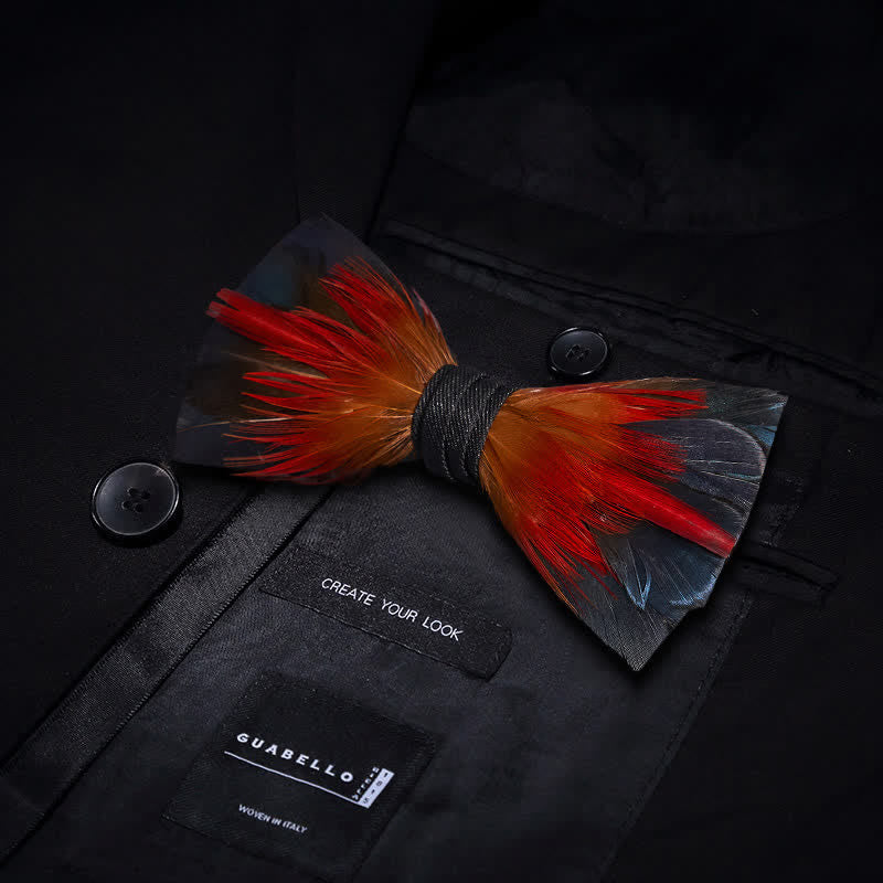 Hot Red & SteelBlue Feather Bow Tie with Lapel Pin - image 2