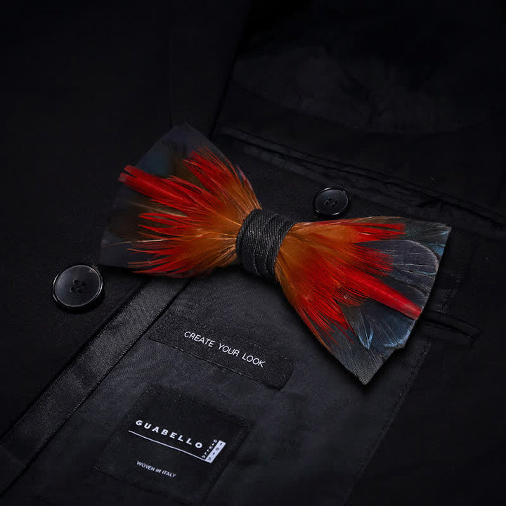 Hot Red & SteelBlue Feather Bow Tie with Lapel Pin - image 2