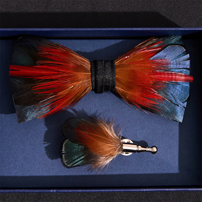 Hot Red & SteelBlue Feather Bow Tie with Lapel Pin - image 3