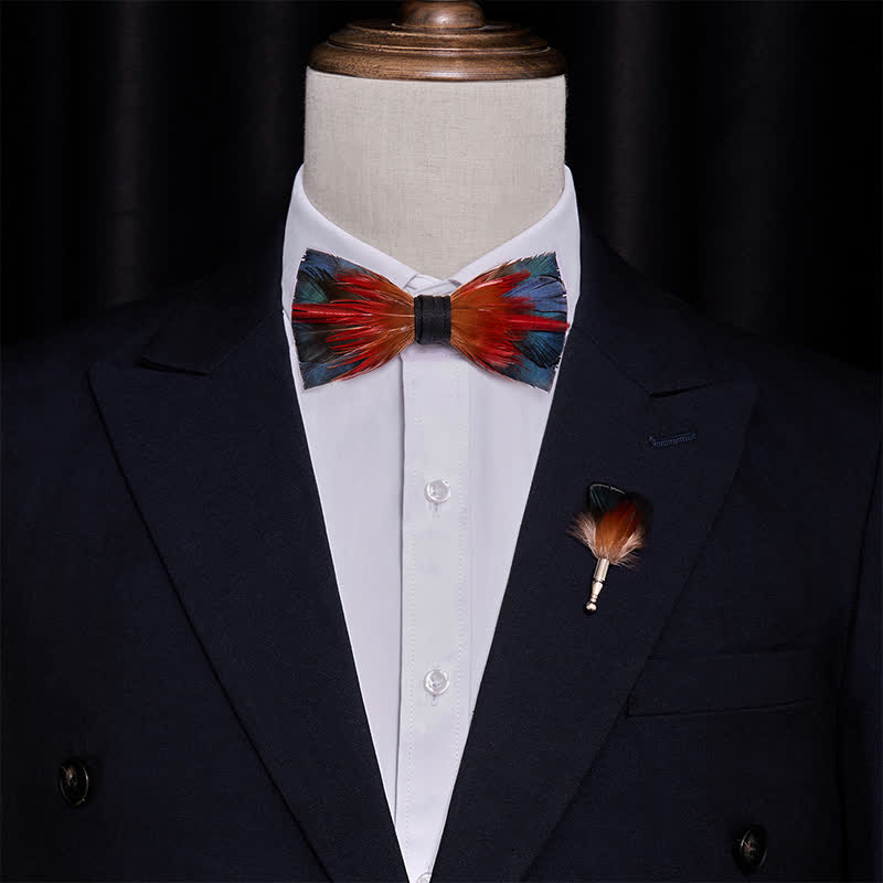 Hot Red & SteelBlue Feather Bow Tie with Lapel Pin - image 1