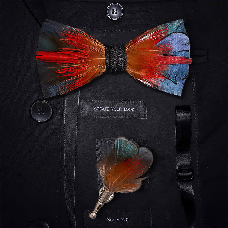 Hot Red & SteelBlue Feather Bow Tie with Lapel Pin - Red & SteelBlue - image 0