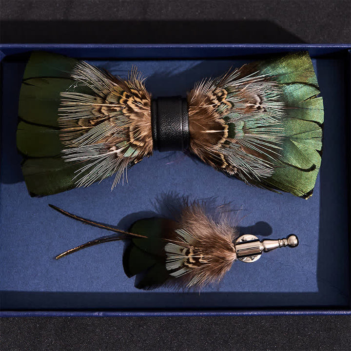 Primordial Forest Green Feather Bow Tie with Lapel Pin