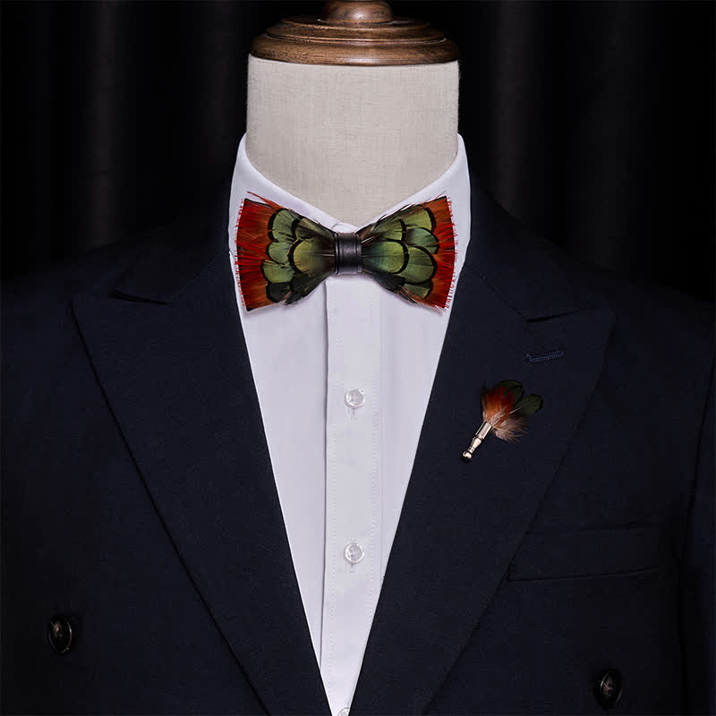 Orange Greenish Pheasant Feather Bow Tie with Lapel Pin - image 1
