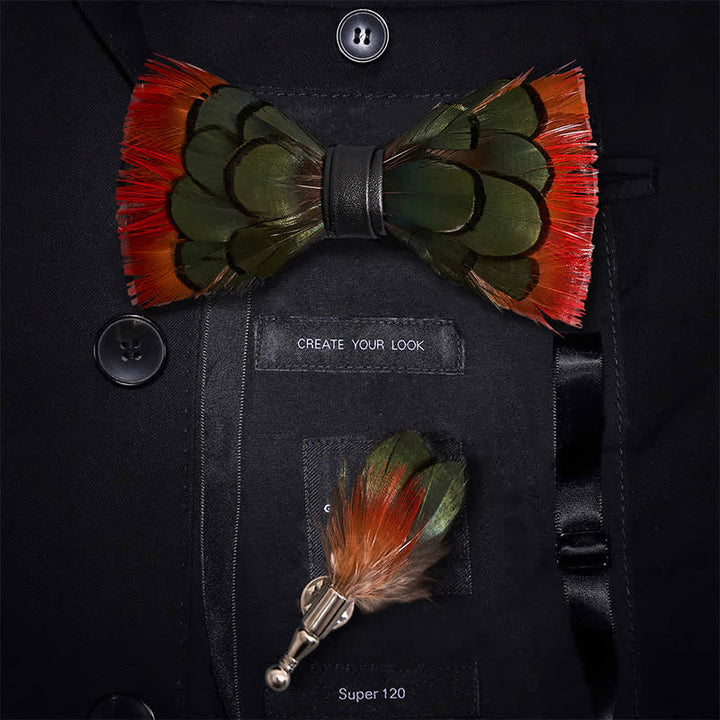 Orange Greenish Pheasant Feather Bow Tie with Lapel Pin - Orange & DarkGreen - image 0