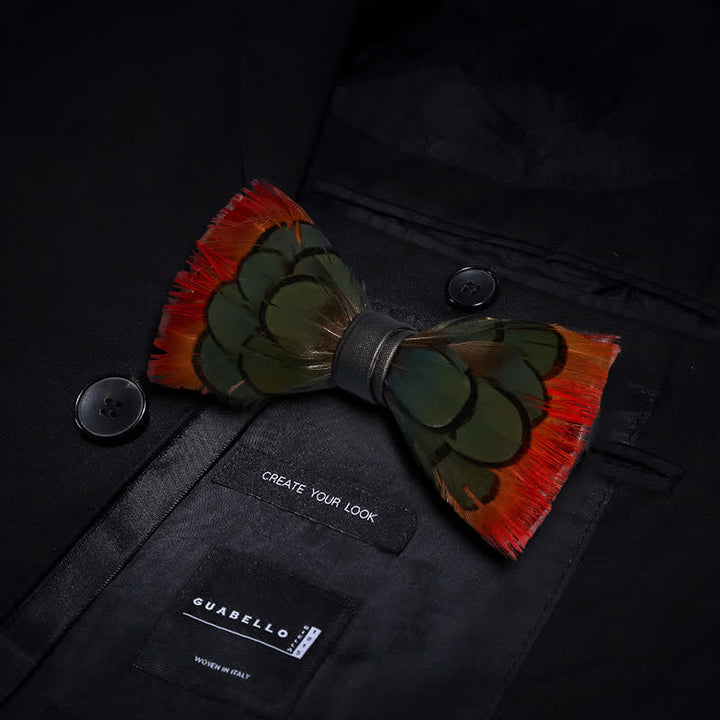 Orange Greenish Pheasant Feather Bow Tie with Lapel Pin - image 2