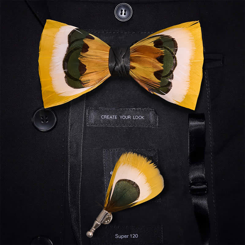 Lively Yellow & White Feather Bow Tie - Bow Tie + Lapel Pin - image 0