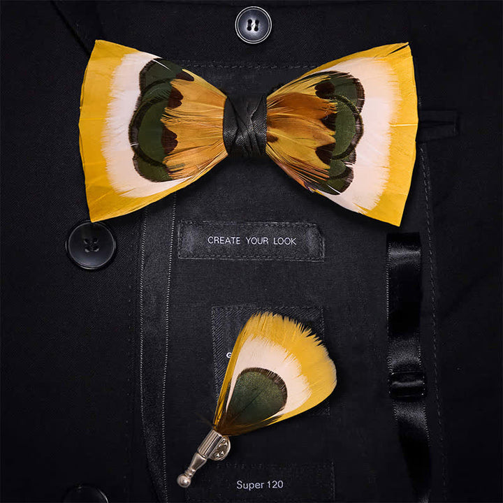 Lively Yellow & White Feather Bow Tie - Bow Tie + Lapel Pin - image 0