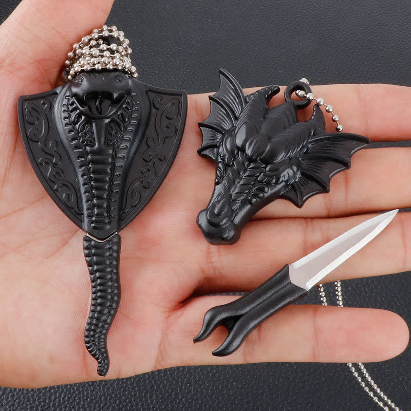 Black Dragon Skull Snake Hidden Mini Blade Tool Pendant Necklace
