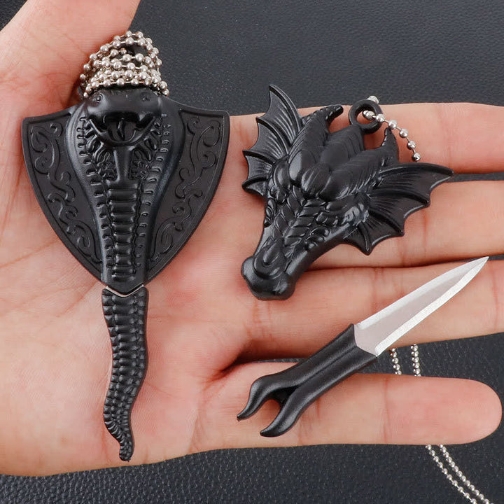 Black Dragon Skull Snake Hidden Mini Blade Tool Pendant Necklace