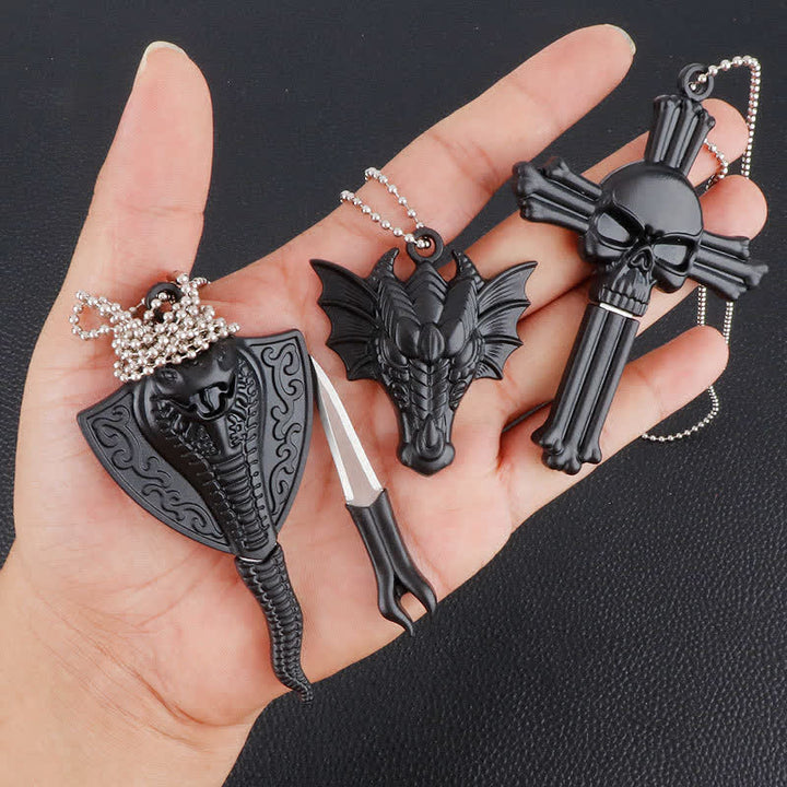 Black Dragon Skull Snake Hidden Mini Blade Tool Pendant Necklace