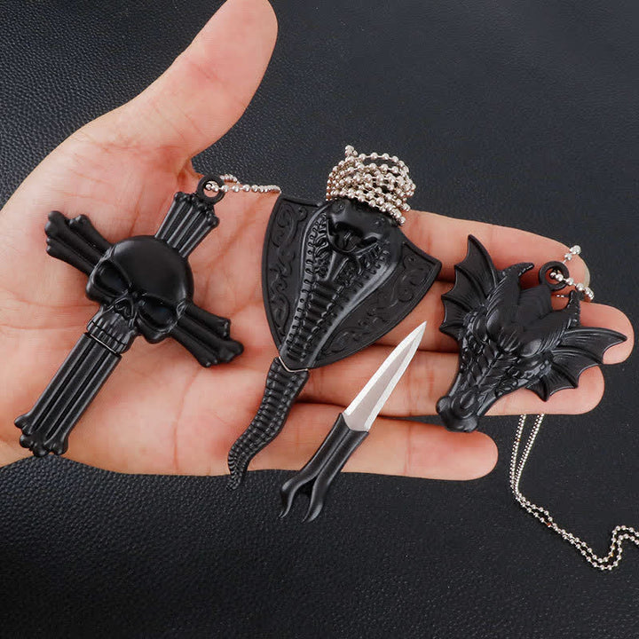 Black Dragon Skull Snake Hidden Mini Blade Tool Pendant Necklace