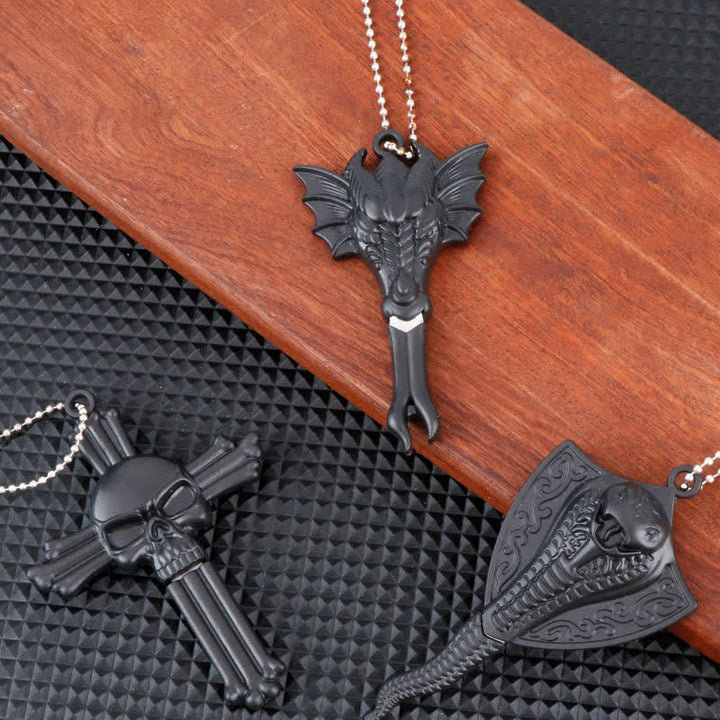 Black Dragon Skull Snake Hidden Mini Blade Tool Pendant Necklace