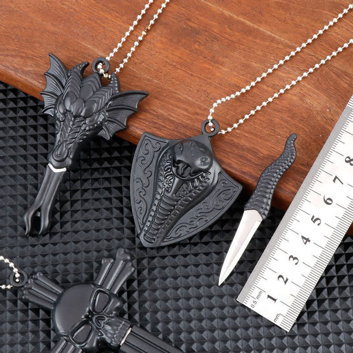 Black Dragon Skull Snake Hidden Mini Blade Tool Pendant Necklace