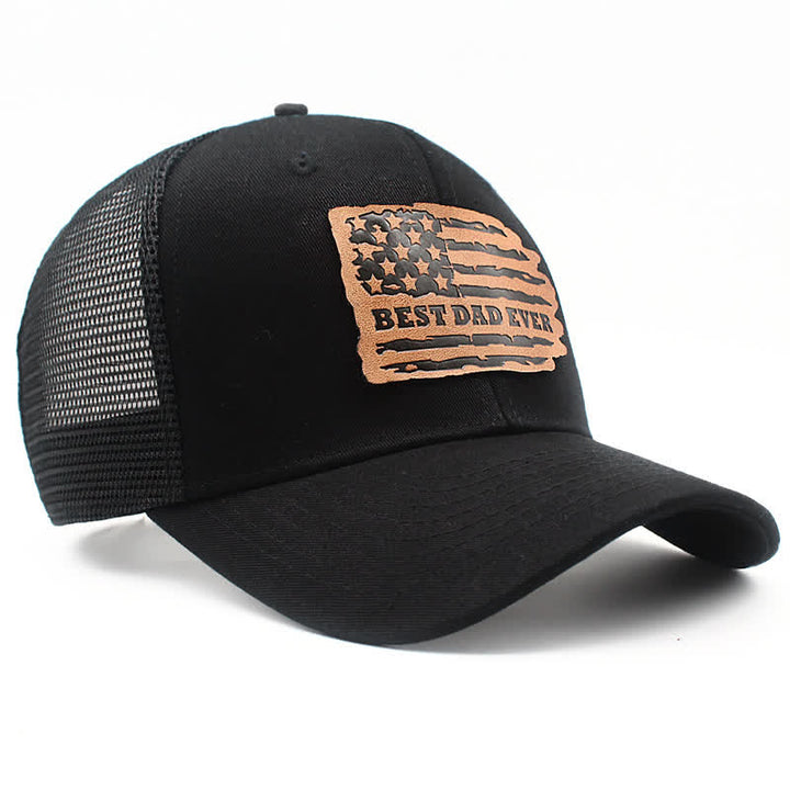 Best Dad Ever USA Flag Leather Label Patch Trucker Hat