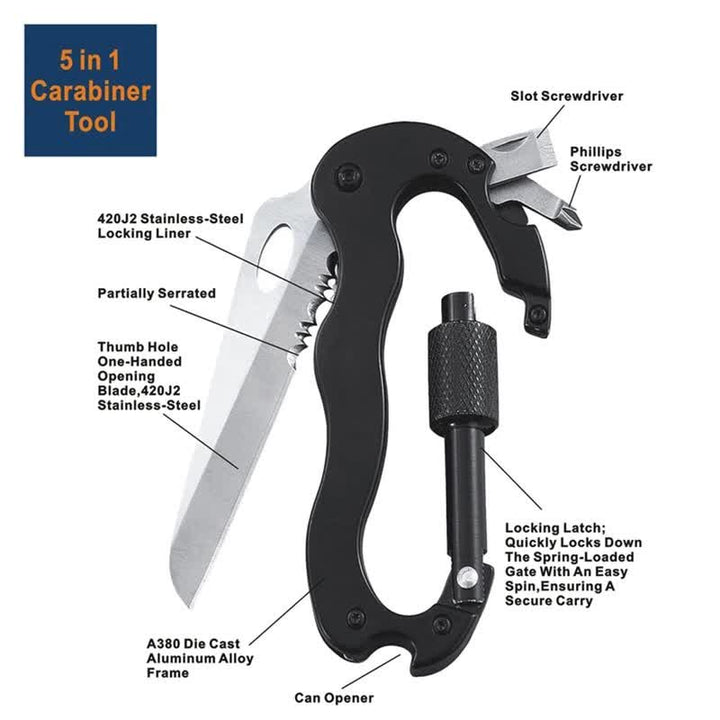 5-In-1 Multitool Folding Knife D Shape Buckle Carabiner Keychain