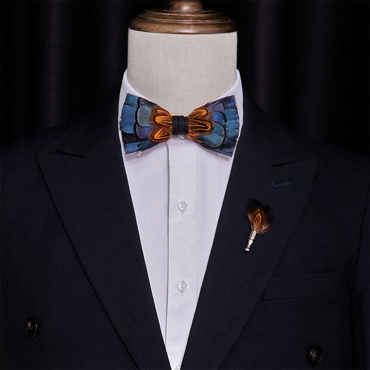 Kid's Navy & Rust Feather Bow Tie with Lapel Pin