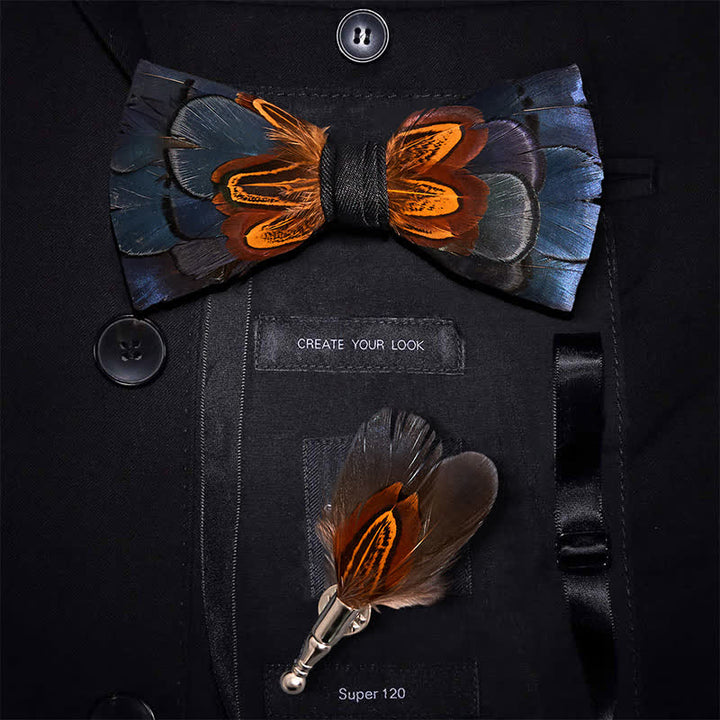 Kid's Navy & Rust Feather Bow Tie with Lapel Pin