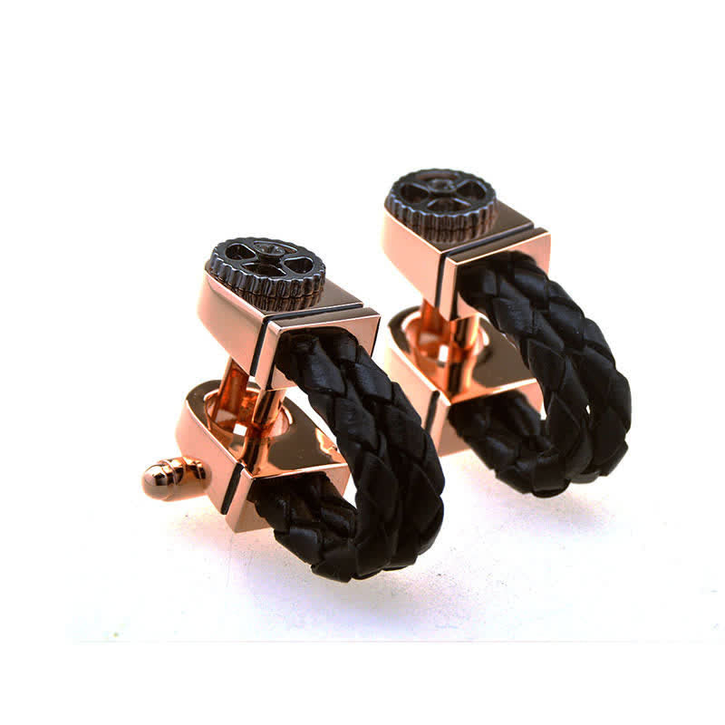 Men's 1 Pair Rose Gold Gear Braided Leather Cufflinks - image 1